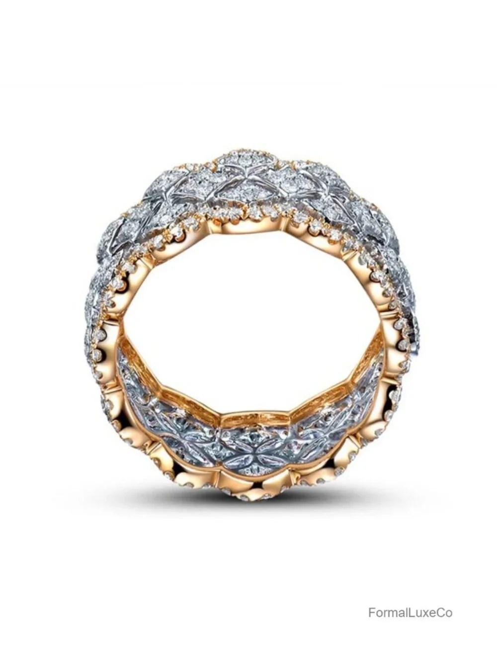 14K Gold Plated Cubic Zirconia Vintage Band Ring Stackable Eternity Wedding Ring